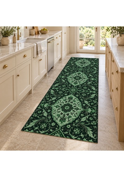 Kartela Halı İmparatorluk Gecesi Yeşil Krem Koridor Mutfak Yolluk Halısı Kaymaz Taban 60x180 Cm