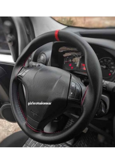 Fiat Doblo Uyumludur Deri Dikme Direksiyon Kılıfı Soft Kırmızı Yüzüklü Model