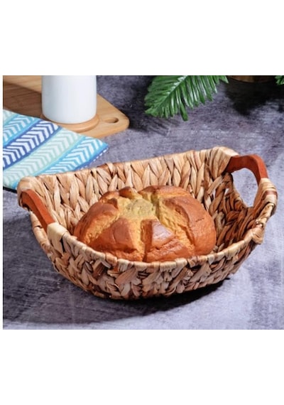Wicker Serisi Bezli Oval Ahşap Kulplu Hasır Ekmek Sepeti A