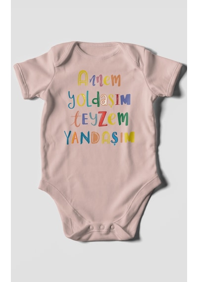 Annem Yoldaşım Teyzem Yandaşım Baskılı Bebek Zıbını Çıtçıtlı Body %100 Pamuk Kısa Kol Pastel Pembe