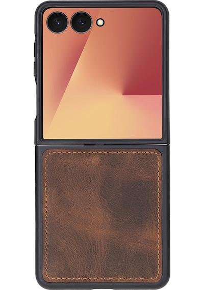 Samsung Galaxy Z Flip7 Uyumlu, Hakiki Deri, El Yapımı Arka Kapak Antik Kahve Kahverengi