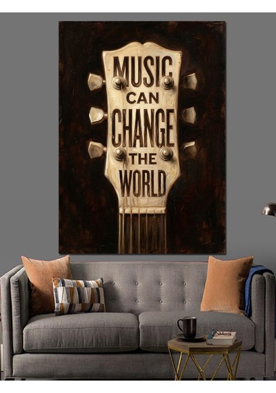 Müzik Dünyayı Değiştirir Yazılı Gitar Dekoratif Kanvas - Mdf Ahşap Tablo