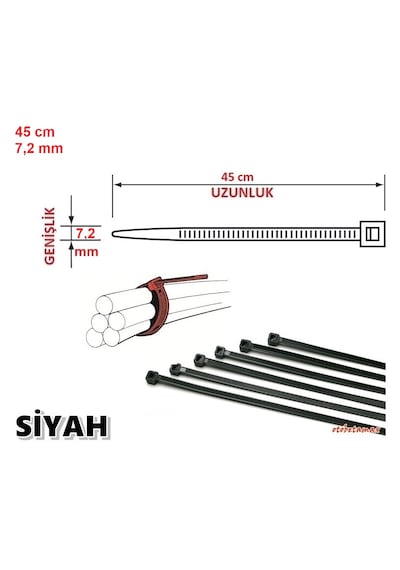 10 Adet 45cmx7,2mm Siyah Plastik Cırt Kelepçe Kablo Bağı