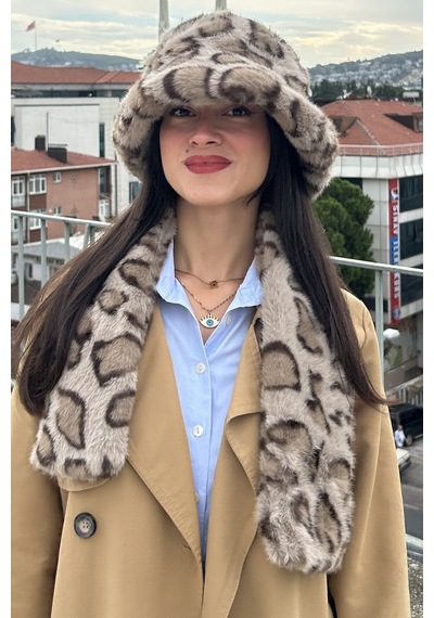 Mollycrush Kadın Leopar Desenli Peluş Şapka Atkı Takım Kışlık Model Bej Leopar