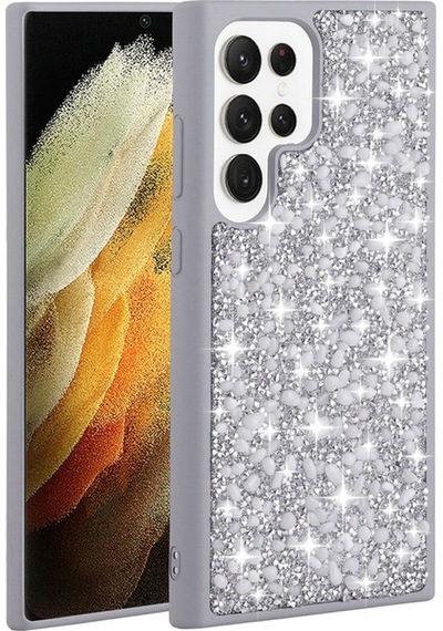Galaxy S23 Ultra Kılıf Parlak Taşlı Tasarım Zore Linea Kapak Gümüş
