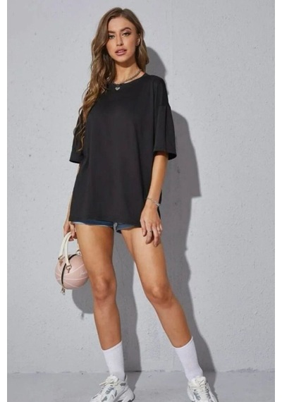 Flood Of Style Kadın Oversize Dökümlü Tok Kumaş Tişört Siyah