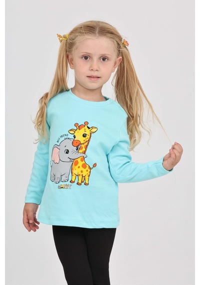 Toontoy Kız Çocuk Zürafa Fil Baskılı Sweatshirt Turkuaz