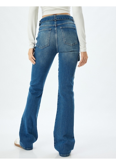Koton İspanyol Paça Kot Pantolon Slim Fit Kargo Cepli Düğmeli Pamuklu - Flare Jeans Orta İndigo 5wal40098md İndigo