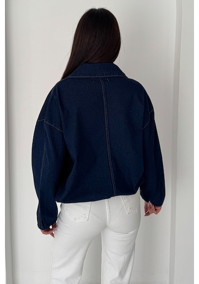 Öner Kadın Kemer Detaylı Kot Ceket Oversize Fermuarlı Denim Ceket Lacivert Mavi Mavi