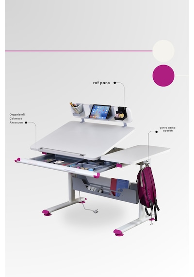 Vega Standart Yükseklik Ve Eğim Ayarlı, Çekmeceli Bilgisayar Masası, Ofis Ve Çalışma Masası Fuşya Gri Vega Standart Yükseklik Ve Eğim Ayarlı, Çekmeceli Bilgisayar Masası, Ofis Ve Çalışma Masası Fuşya Gri
