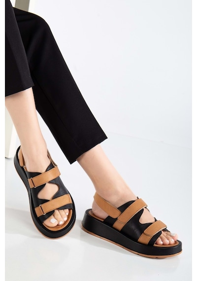 Analin Shoes Kadın Hakiki Deri Cırtlı Kalın Taban Sandalet Siyah