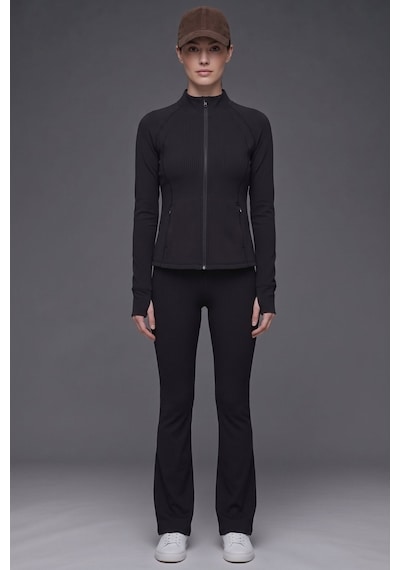 Soft&Basic Kadın Siyah 3 Lü Takım Yüksek Bel İspanyol Paça Fitilli Tayt, Dik Yaka Parmak Geçirmeli Fermuarlı Ceket & Uzun Kollu Crop Üst