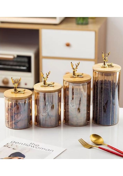 Morponi Borosilikat Cam Geyik Başlıklı Bambu Kapaklı Cam Kavanoz Seti 500-750-1000-1200 Ml Amber Şeffaf