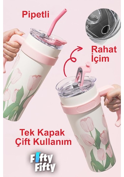 DILLER Quencher Cup 1200 ML Pipetli/Rahat İçim Kulplu Paslanmaz Çelik Termos -FFDILLERD9120