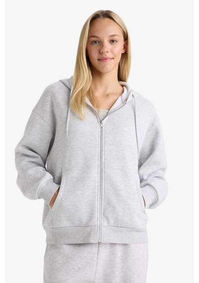 DeFacto -  Relax Fit Kapüşonlu Basıc Kalın Fermuarlı Sweatshirt C1809AX26SP Gri