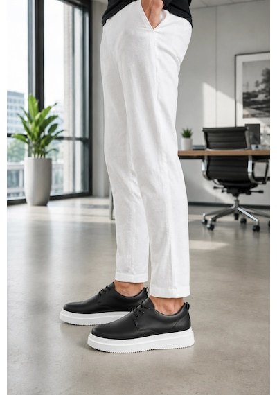 Mevese Ornex Erkek Deri Görünümlü Bağcıklı Casual Sneaker Klasik Günlük Ayakkabı - Siyah Beyaz