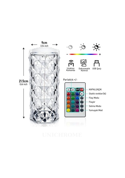 Kristal Elmas Led Dokunmatik Sensör Usb Şarjlı Masa Lambası Rgb Gece Lambası Diğer