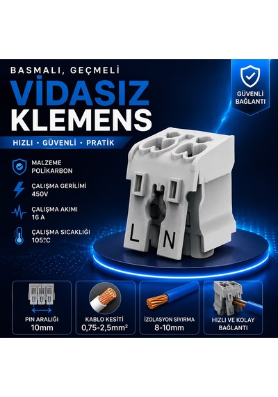 20 Adet Basmalı, Geçmeli Vidasız Klemens Topraklı-topraksız