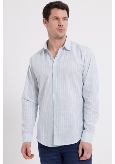 Tudors Erkek Slim Fit Dar Kesim Uzun Kollu %100 Pamuk Keten Doku Çizgili Gömlek-42654 Mint