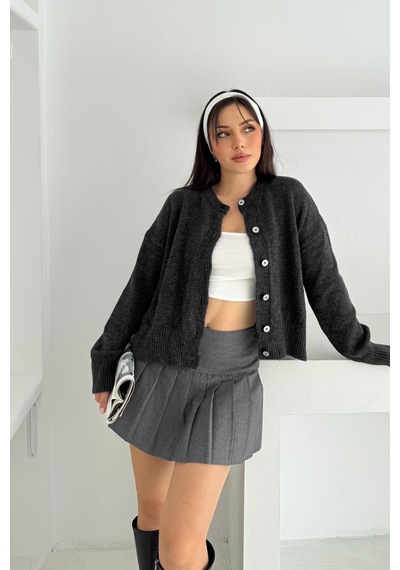 Femelle Antrasit Yanı Yırtmaçlı Düğmeli Oversize Triko Hırka Standart Beden
