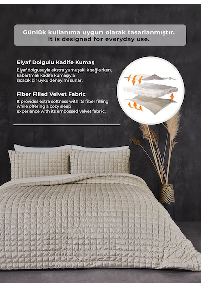 Evlen Home Collection Kadife Stacy Yatak Örtüsü Seti Çift Kişilik Elyaf Dolgulu Yumuşak 3 Parça Bej