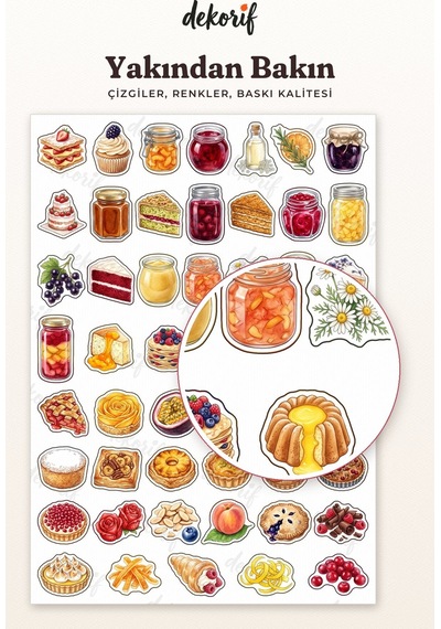 Pasta Ve Tatlı Sticker Seti 100 Adet - Meyveli Kek Kurabiye Pastane Suluboya Ajanda Journal Çıkartma Çok Renkli