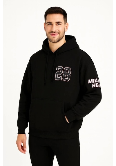 Zenna Tarz Üç İplik Kapüşonlu Ön Ve Arka Baskılı Sweatshirt Hoodie - Siyah