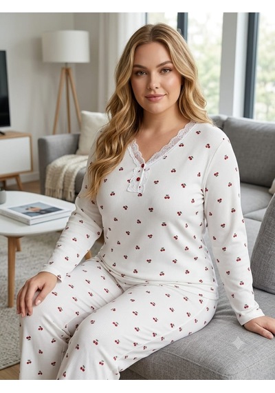 Kadın Büyük Beden Uzun Kollu Desenli Dantel Detaylı Kaşkorse Kumaş Pijama Takımı Beyaz Kiraz Kadın Büyük Beden Uzun Kollu Desenli Dantel Detaylı Kaşkorse Kumaş Pijama Takımı Beyaz Kiraz