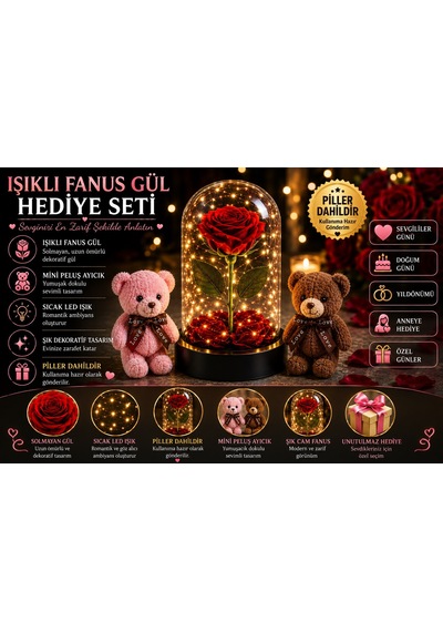 Led Işıklı Mika Fanus Solmayan Yapay Kırmızı Gül & 2 Mini Peluş Ayıcık Sevgiliye Romantik Hediye Set
