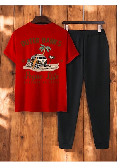 Uyguntarz Unisex Outer Banks Tasarım Basklı Tshirt Eşofman Takımı Kırmızı