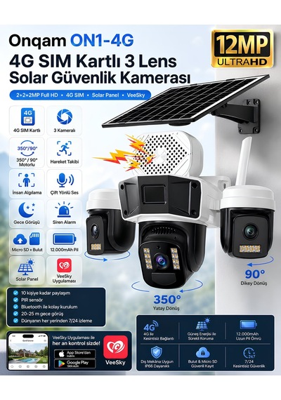 Onqam On1-4g 3 Lens 3mp Solar Panelli Bataryalı Güvenlik Kamerası
