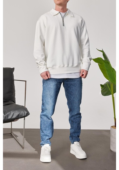 Prtnc Protonic Erkek Polo Yaka Oversize Beyaz Sweatshirt Yarım Fermuar Sweatshirt Beyaz
