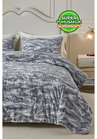 Evlen Home Çift Taraflı Kişilik Kürk Yorgan Uyku Seti Yumuşak Dolgulu Wellsoft Peluş 3 Parça Mia Antrasit Gri