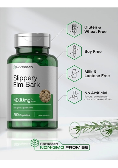 Horbäach Slippery Elm Bark 200 Capsules Non-gmo Gluten Free. Aromasız