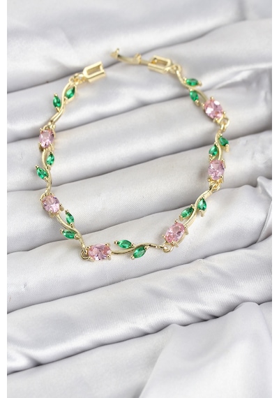 Pirinç Gold Renk Pembe Zirkon Taşlı Çiçek Model Kadın Bileklik Çok Renkli