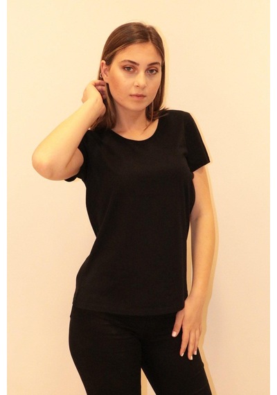 Rich Kadın Bisiklet Yaka T-shirt %100 Pamuk Tişört SIYAH