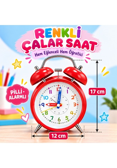 Eğitici Ve Eğlenceli Renkli Çalar Saat Pilli, Metal Gövdeli Çocuk Saati Kırmızı
