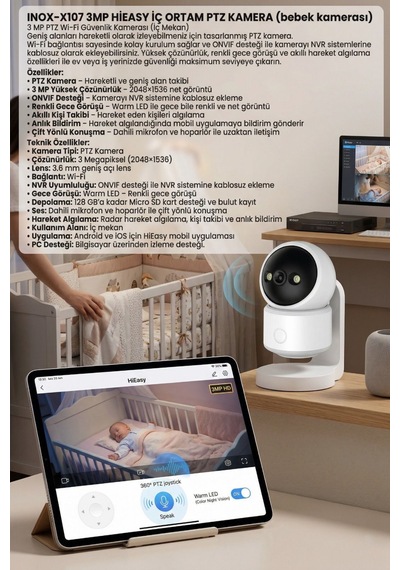 Inox-x107 3mp Kablosuz Wifi İç Mekan Ptz Güvenlik Kamerası - 360 Dönebilen Akıllı Bebek Monitörü