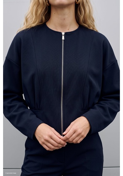 Sateen Fermuarlı Ceket - Lacivert-138011