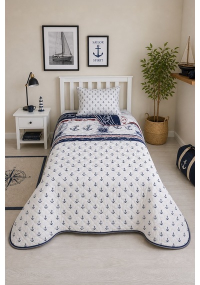 %100 Pamuk Kapitone Yatak Örtüsü Tek Kişilik Gemici Desenli 160x220 Cm + 1 Adet Yastık Kılıfı Lacivert