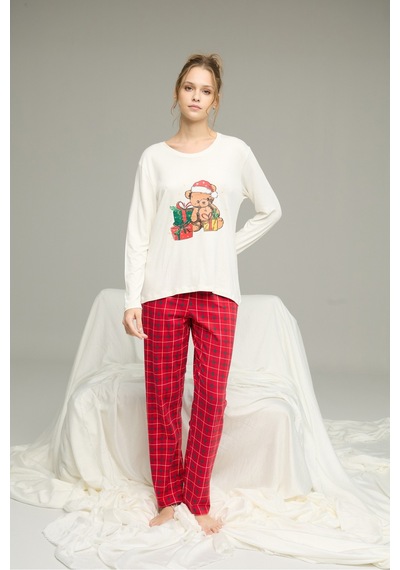Siyah İnci Pamuklu Bisiklet Yaka Örme Pijama Takım 25241126 Ekru