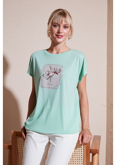 Lela Baskılı Bisiklet Yaka Regular Fit Bayan T Shirt 6671002 Mint