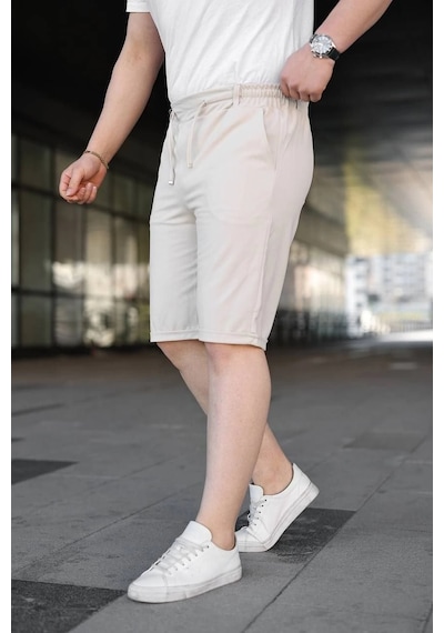 Wear Vexel Erkek Diagonel Kumaş Duble Paça Cepli Bağcıklı Bel Lastikli Şort - Krem Çok Renkli