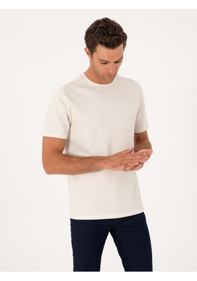 Ekru Regular Fit Baskılı Bisiklet Yaka T-shirt Bej