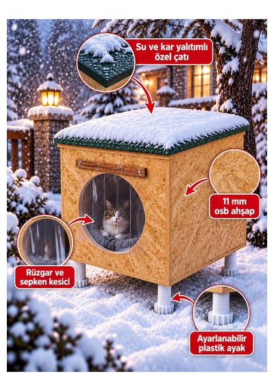 Reyo Narım 40x40x40 Cm Ahşap Kedi Evi Ve Kedi Yuvası Büyük Kediler İçin, 1 Kedilik Hazır Kurulu Kedi Barınağı