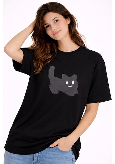 Nevermind Unisex Oversize Tişört Kedi Baskılı Minimal Tasarım Pamuk Siyah