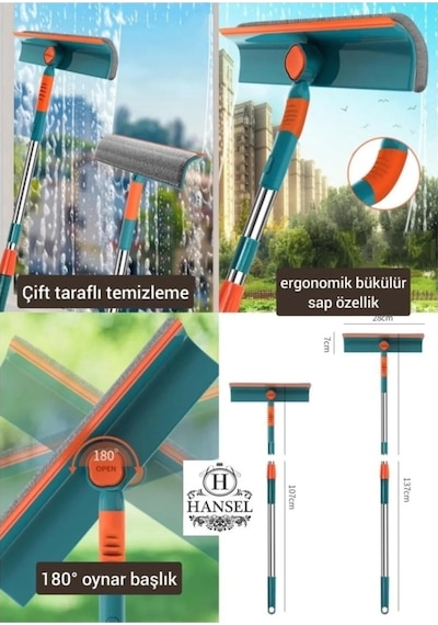 Bükülür Oynar Başlıklı Cam Silme Aparatı Teleskopik Çift Taraflı Pratik Cam Silecek.