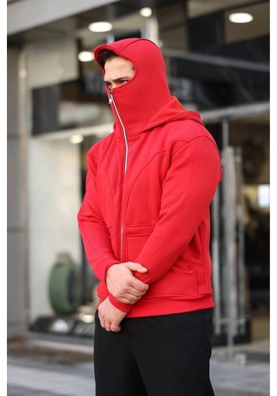Erkek Maskeli Ninja Model Çift Kapüşonlu 3 İplik Şardonlu Fermuarlı Sweatshirt - Kırmızı