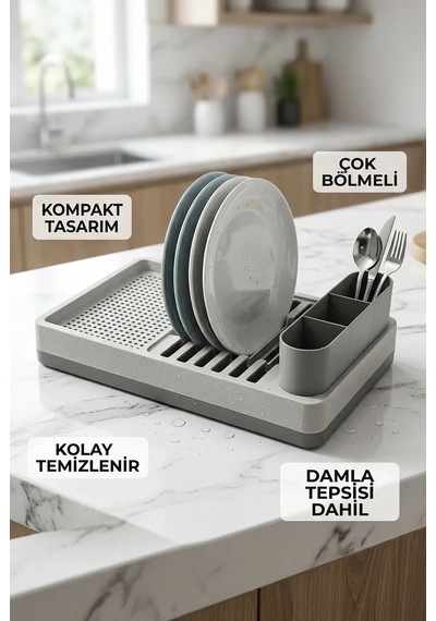 Minimal Gri Tezgah Üstü Bulaşıklık Tabak Bardak Kaşık Kurutmalık Mutfak Rafı Diğer