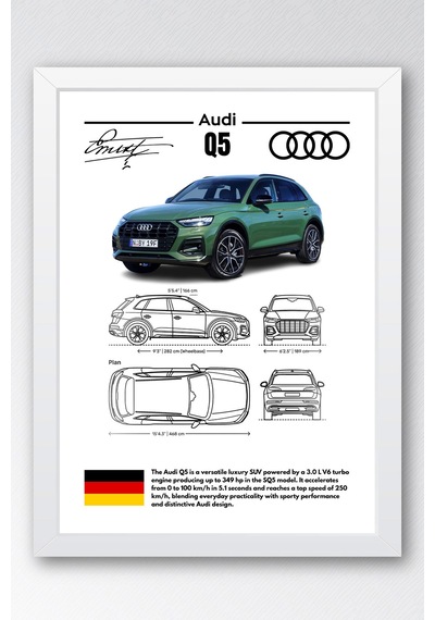 Audi Q5 Tablo - Teknik Özellikli Alman Lüks Suv Poster - Çerçeveli Duvar Dekoru - Araba Blueprint Beyaz